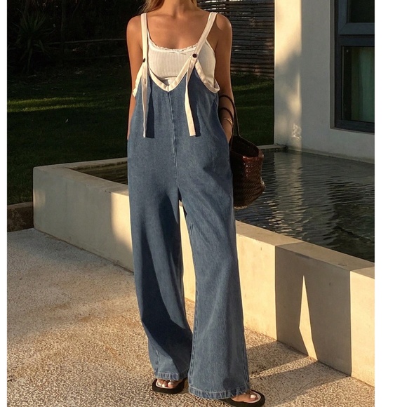 Dark Wash Pockets Straight leg Denim Jeans Bib Overalls - Picture 2 of 6